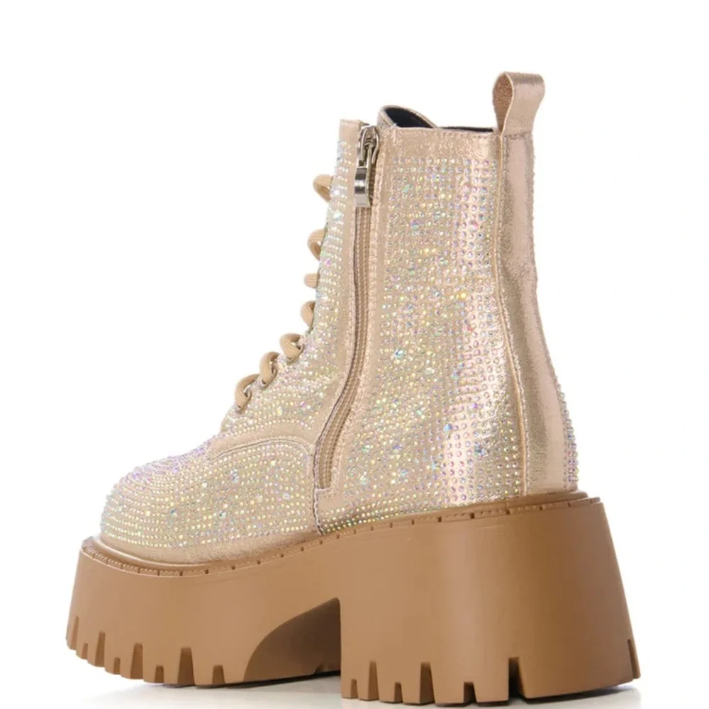 AZALEA WANG Gold Rhinestone Platform Combat Boots